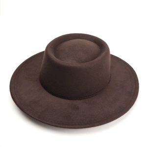 Top view of flat brim fedora wool felt hat in dark brown with minimalist vintage style