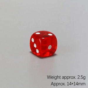 Close-up of red transparent resin dice measuring 14x14mm and weighing 2.5g