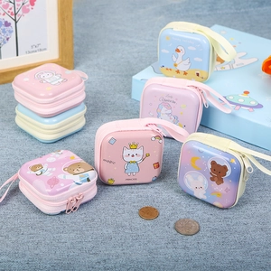 Square tinplate coin purse for kids featuring cartoon animals and a zipper closure