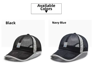 Detail of breathable mesh baseball caps in black and navy blue with sport fashion patch