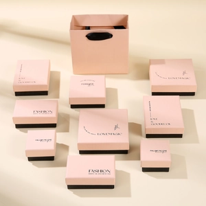 Pink jewelry drawer gift box set with matching paper shopping bag and black handles