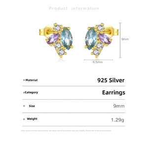 Detailed specs of 925 silver stud earrings featuring colorful zircon floral clusters