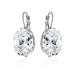 Elegant silver leverback earrings with large oval multi-faceted clear crystals