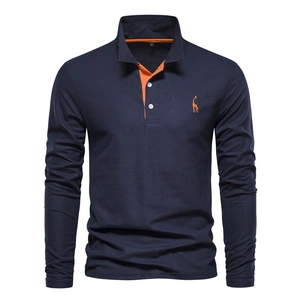 Men's navy blue long sleeve cotton polo shirt with orange deer embroidery and collar detail