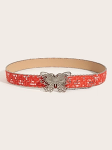 Close-up of red canvas belt with sparkling silver sequins and metal butterfly buckle