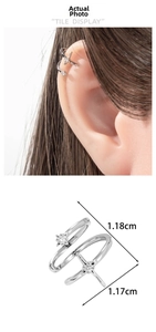 Detail of minimalist star ear cuff set showing dimensions and model wearing on ear
