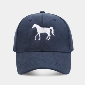 Navy blue baseball cap with horse embroidery featuring premium suede texture and curved brim