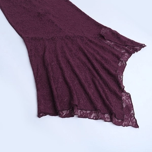Detailed view of the purple lace dress featuring intricate floral mesh patterns and wavy hem