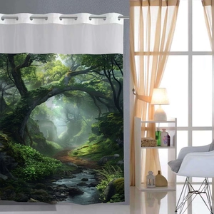 Detail of silver metal eyelets on forest waffle shower curtain with woodland stream print