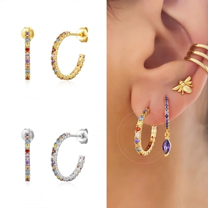 S925 silver C-shaped hoop earrings with colorful zircon stones in gold and silver finish
