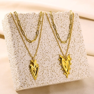 Layered Necklace Stainless Steel Gold Plated Double Chain Paperclip 3D Heart Pendant Jewelry For Women