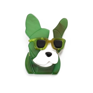 Cute acrylic Boston Terrier brooch with sunglasses in green and black patchwork style