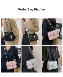 Detailed views of women quilted chain bag with metallic swivel lock in three colors
