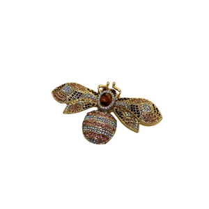 Vintage style bee brooch with colorful rhinestones on antique gold finish metal