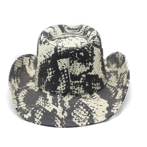 Detailed view of western cowboy hat with black and white abstract snake pattern