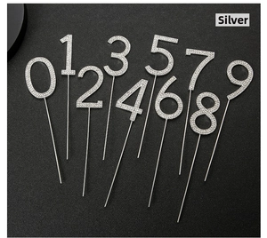 Macro detail of silver number 0-9 cake toppers set with sparkling rhinestones