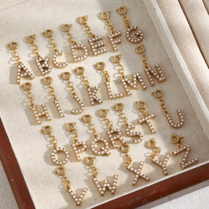 Alphabet Letter Pendant Stainless Steel 18K Gold Plated Artificial Pearl Inlaid Spring Clasp DIY Jewelry Accessory Women Fashion