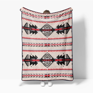 Front view of a large rectangular flannel blanket featuring a tribal geometric pattern