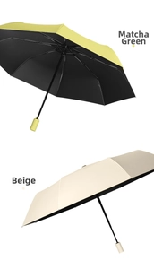 Detail view of foldable umbrellas in matcha green and ivory beige with metal ribs