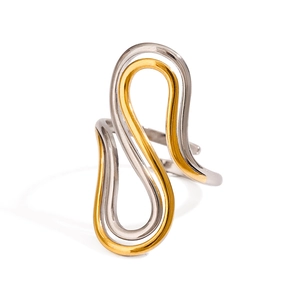 Anello aperto regolabile a forma di S bicolore in acciaio inossidabile oro 18k e argento