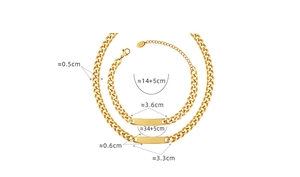 Detailed view of gold Cuban link necklace and bracelet set with rectangle nameplate