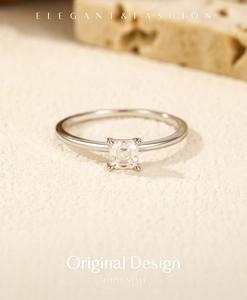 Macro shot of a minimalist square-cut moissanite solitaire ring in S925 sterling silver