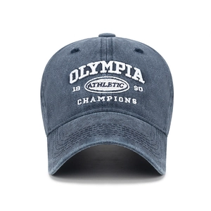 Washed grey embroidered baseball cap with Olympia Athletic 1990 Champions vintage lettering