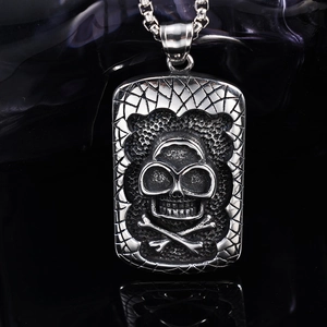 Macro shot of punk style stainless steel skull pendant with vintage silver finish