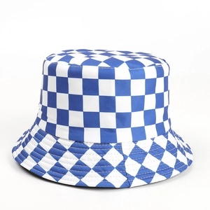 Detailed close-up of blue and white checkered pattern on a flat top cotton bucket hat