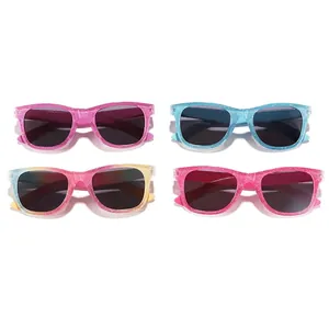 Kids square glitter sunglasses set in pink, blue, and gradient colors with grey lenses