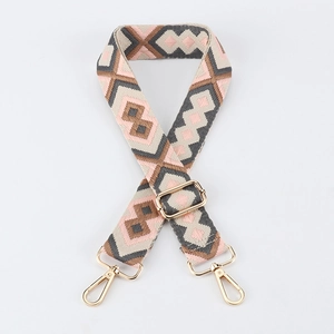 Detail of adjustable 38mm fabric bag strap with pink and brown geometric jacquard pattern