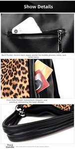 Detail of leopard print handbag featuring anti-theft back pocket and reinforced handles