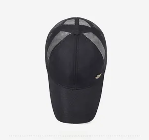 Top view of black mesh baseball cap showing breathable texture and gold metal logo detail