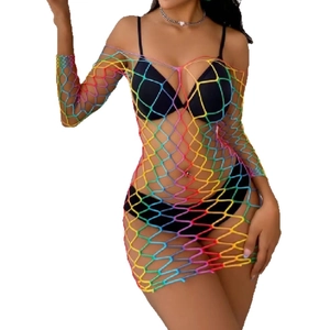Sexy rainbow gradient fishnet mini dress with long sleeves and hollow mesh texture