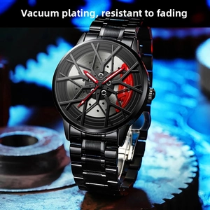 Detailed close-up of a racing hub wheel watch with red brake calipers and black steel band