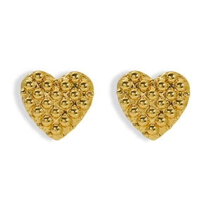 Detailed view of golden heart stud earrings with vintage beaded texture and polished finish