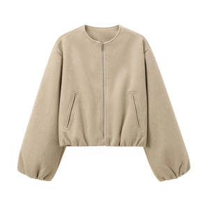Khaki soft suede bomber jacket with silver zipper and cinched hem on white background