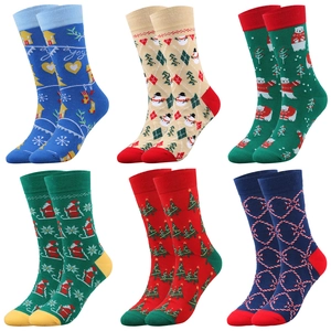Detailed set of six Christmas crew socks featuring festive Santa and reindeer knit patterns