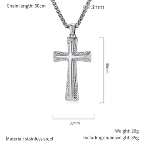 Detailed technical specifications for silver stainless steel cross necklace with dimensions