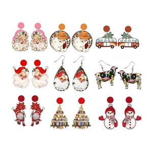 Christmas Wooden Earrings Printed Santa Claus Snowman Christmas Tree Cartoon Leopard Pattern Festive Holiday Accessories