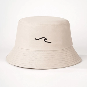 Beige cotton bucket hat with black wave embroidery for outdoor sun protection