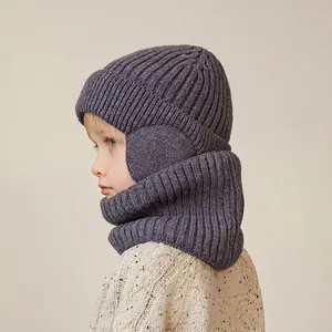Winter knit hat and neck warmer set for kids with ear protection in dark grey purple