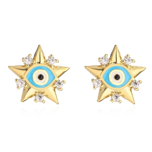 18K gold plated star stud earrings with blue evil eye design and clear zircon stones