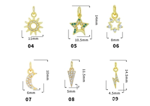 Detailed size guide for 18K gold plated moon and star charms with cubic zirconia