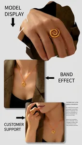 Model display of gold spiral titanium jewelry set including necklace and matching ring