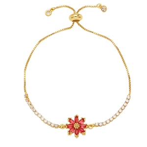 Adjustable gold daisy bracelet featuring ruby-colored zircon flower and white diamonds