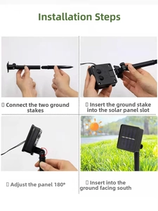 Solar panel with 180-degree adjustable bracket and two-section ground stake installation