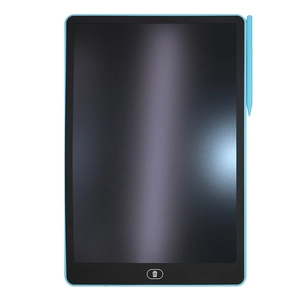 Blue LCD writing tablet with stylus and one-touch delete button on white background