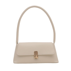 Minimalist beige PU leather baguette shoulder bag with a sleek golden metal clasp