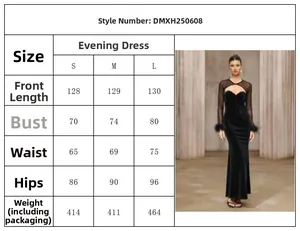 Size guide for velvet evening dress featuring sheer mesh sleeves and feather trim detail